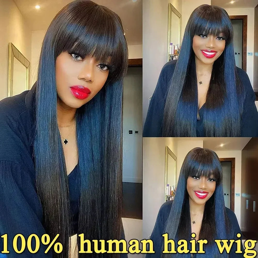 Straight Human Hair Wis 34 Inche Wigs With Bangs 3x1 Full Machine Made Human Hair Wigs For Women Natural Color 220% Density