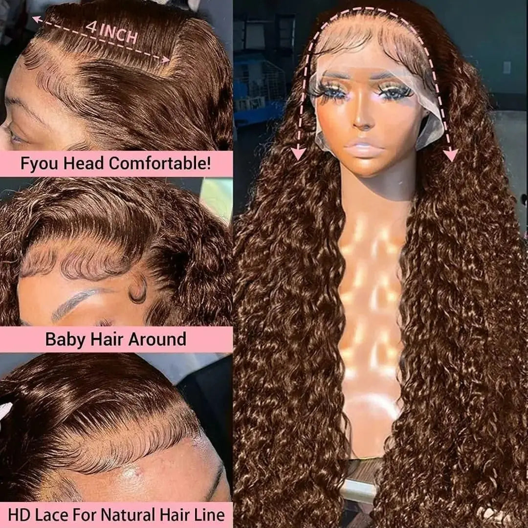 Chocolate Brown HD Lace Front Wigs Human Hair 200% Density Curly Lace Front Wigs Human Hair Deep Wave Wigs Human Hair For Women